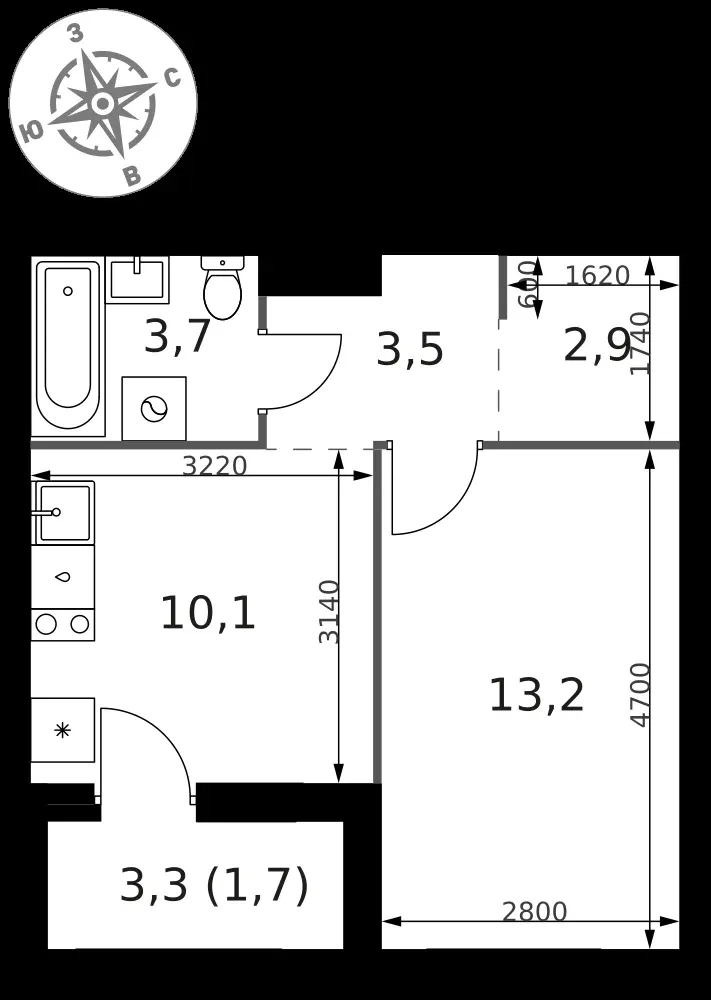 1-комнатная, 35,1 м² — 9 020 700 ₽
