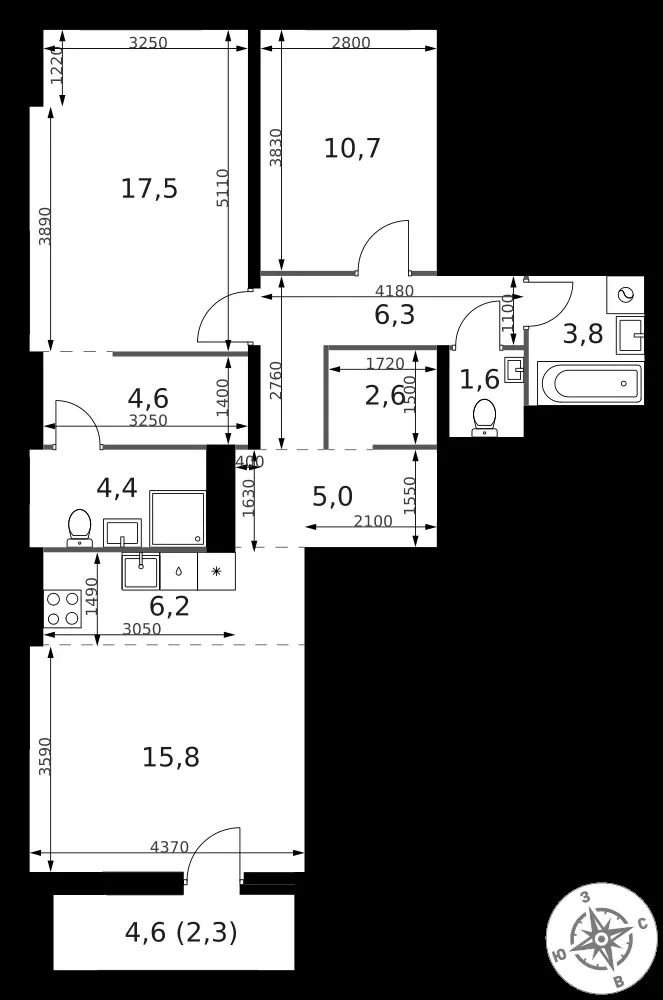 3-комнатная, 80,8 м² — 16 483 200 ₽