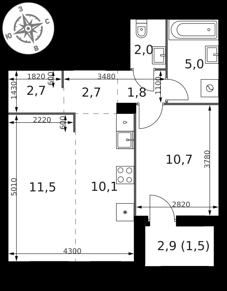 2-комнатная, 48 м² — 11 251 200 ₽