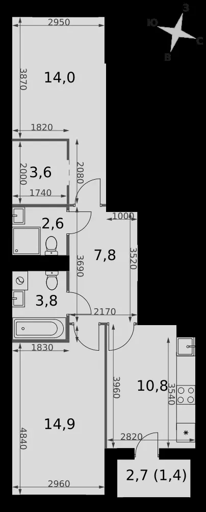 2-комнатная, 58,9 м² — 23 893 669 ₽