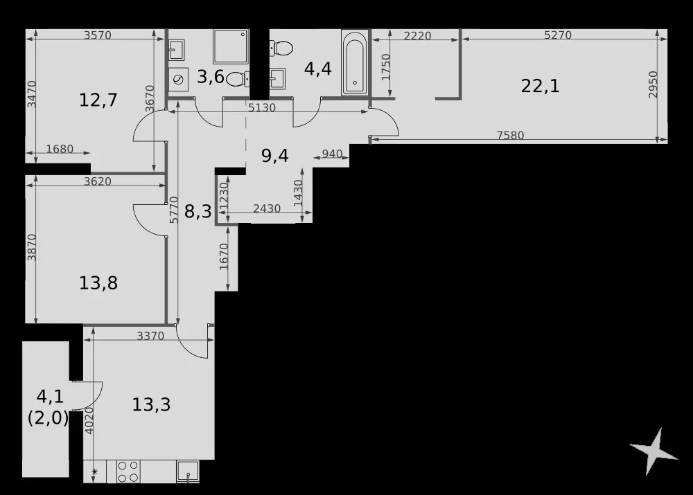3-комнатная, 89,6 м² — 30 571 610 ₽