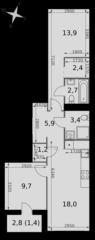 2-комнатная, 58,6 м² — 23 521 981 ₽
