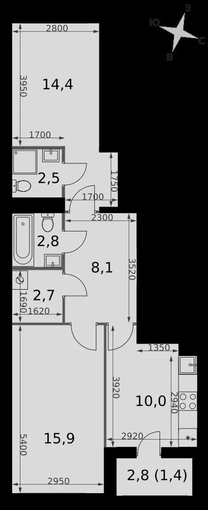 2-комнатная, 57,8 м² — 22 493 101 ₽