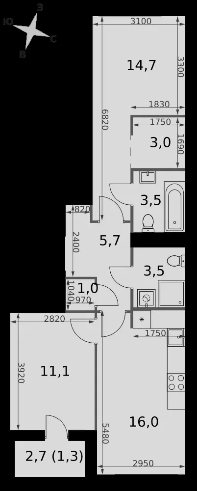 2-комнатная, 59,8 м² — 24 833 744 ₽
