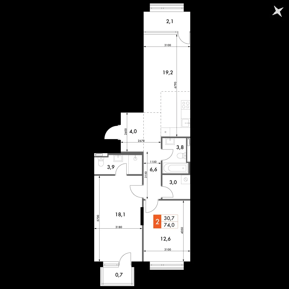 2-комнатная, 74 м² — 19 681 119 ₽