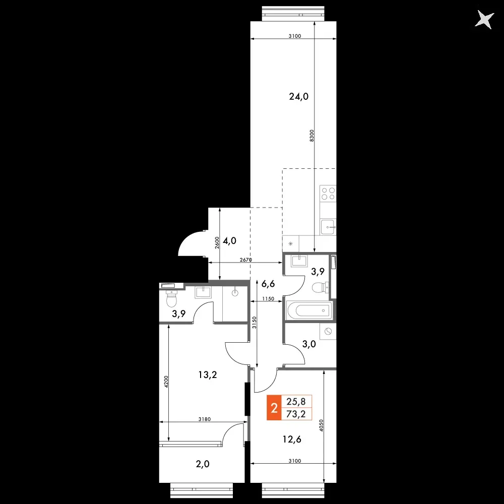 2-комнатная, 73,2 м² — 18 994 014 ₽