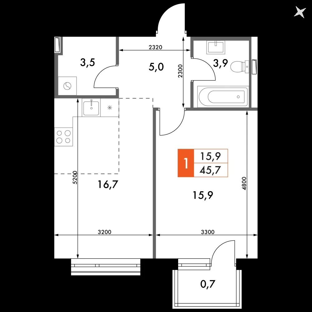 2-комнатная, 45,7 м² — 12 833 130 ₽