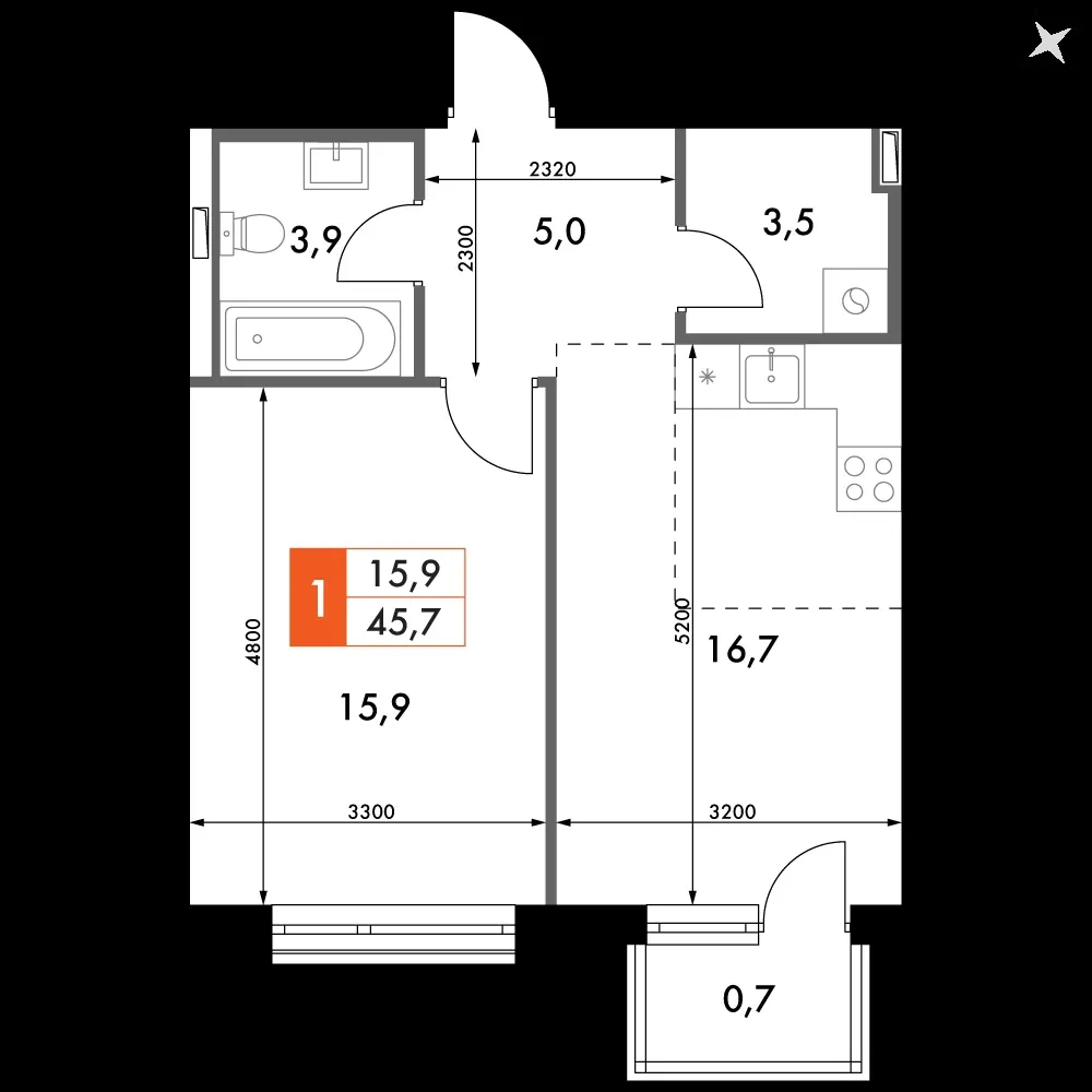 2-комнатная, 45,7 м² — 12 833 130 ₽