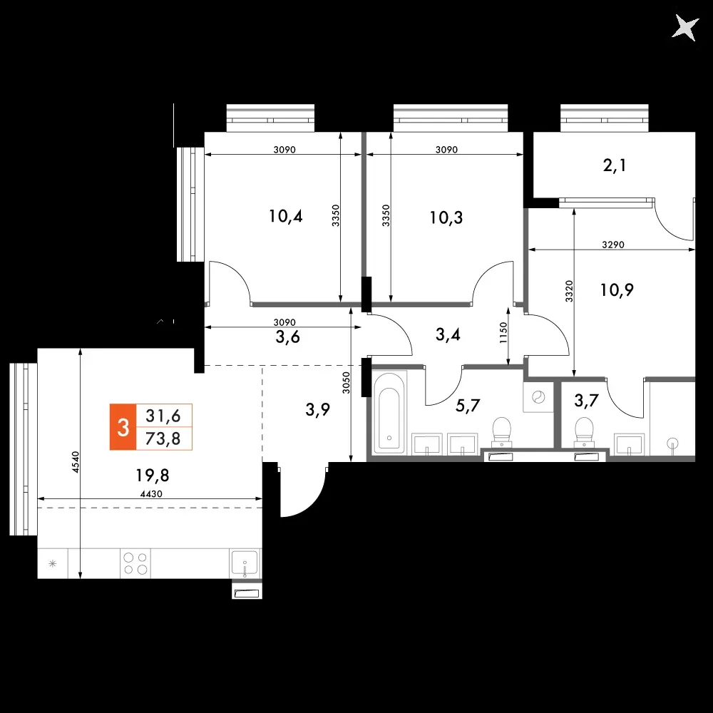 3-комнатная, 73,8 м² — 20 170 706 ₽