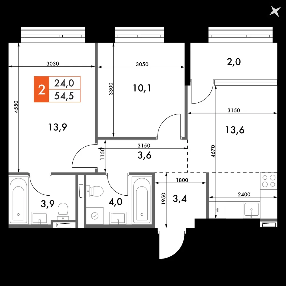 2-комнатная, 54,5 м² — 14 587 470 ₽
