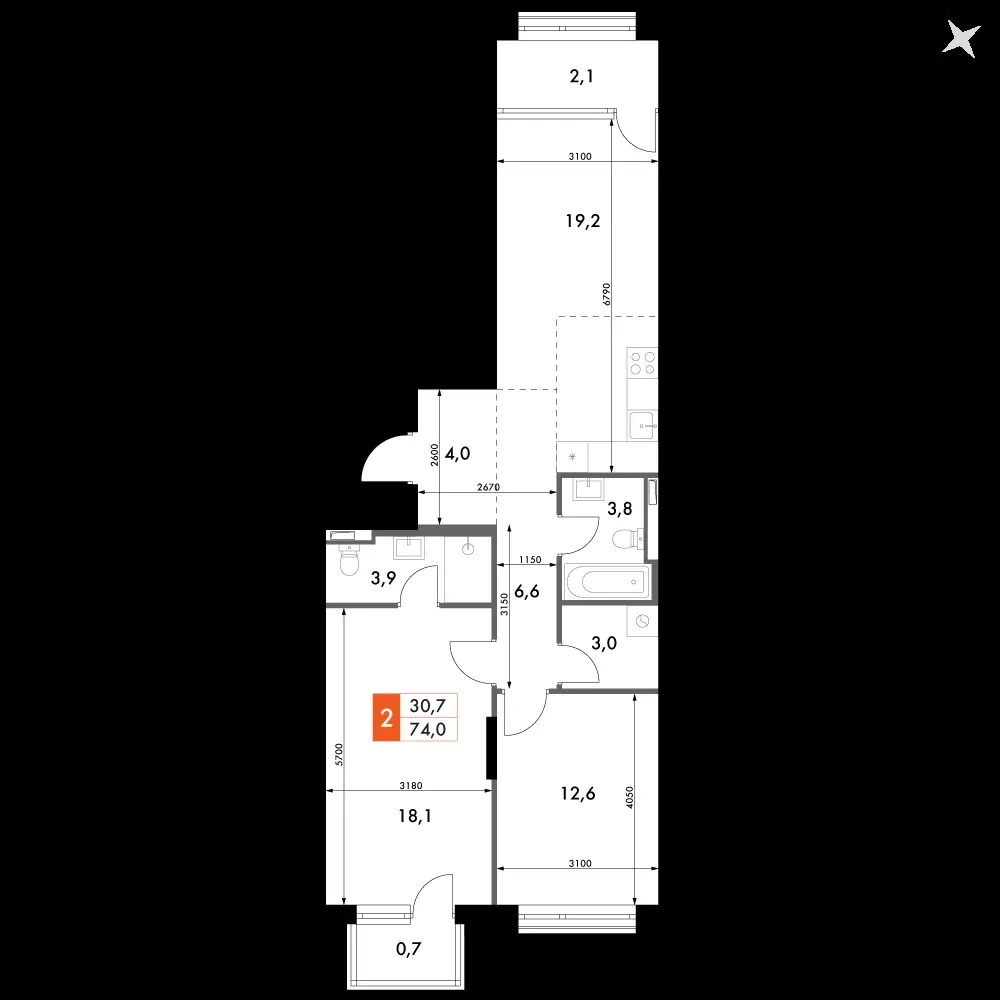 2-комнатная, 74 м² — 19 321 479 ₽