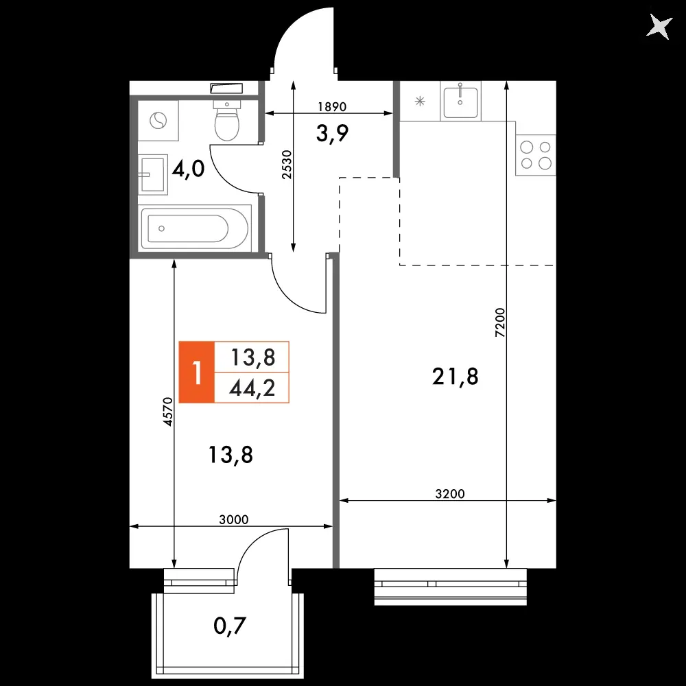 2-комнатная, 44,2 м² — 13 168 557 ₽