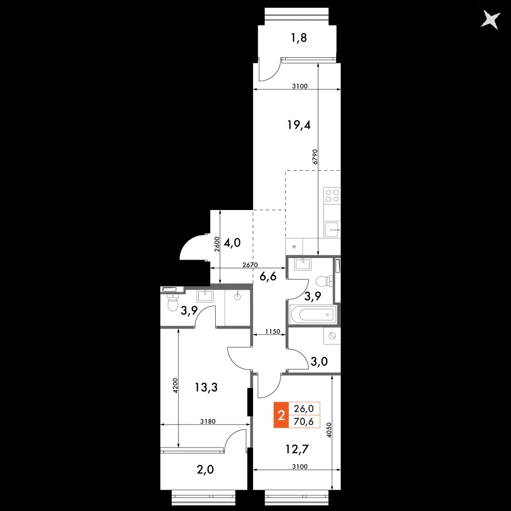 2-комнатная, 70,6 м² — 19 662 834 ₽