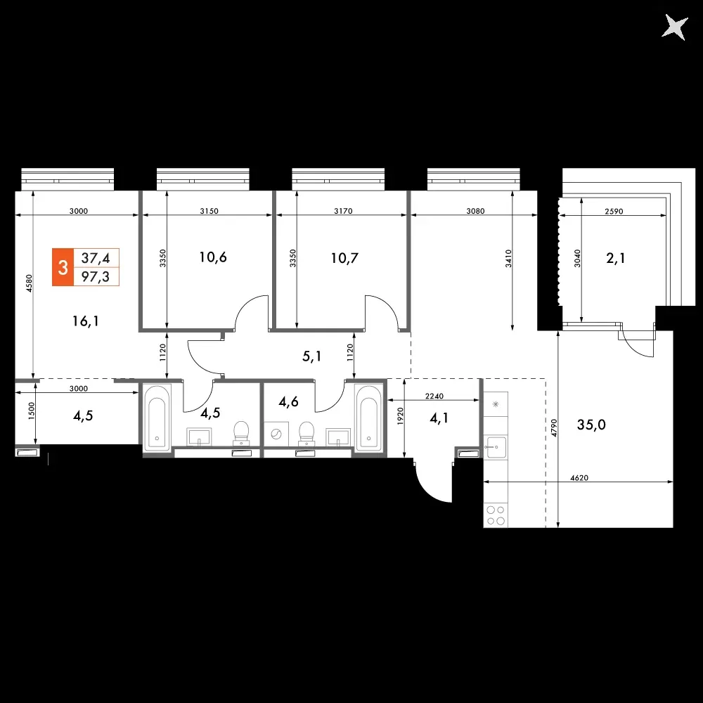 4-комнатная, 97,3 м² — 25 052 007 ₽