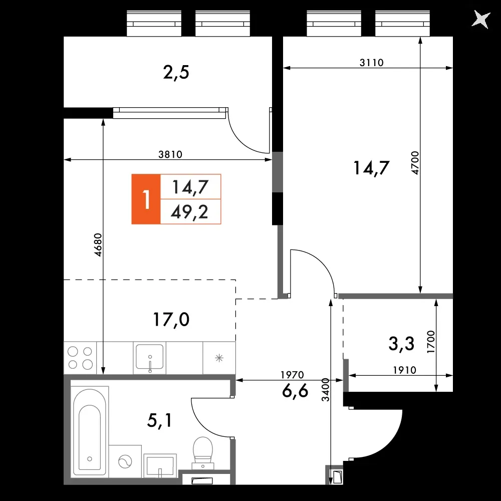 1-комнатная, 49,2 м² — 13 991 167 ₽