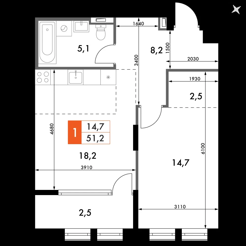 1-комнатная, 51,2 м² — 14 753 096 ₽