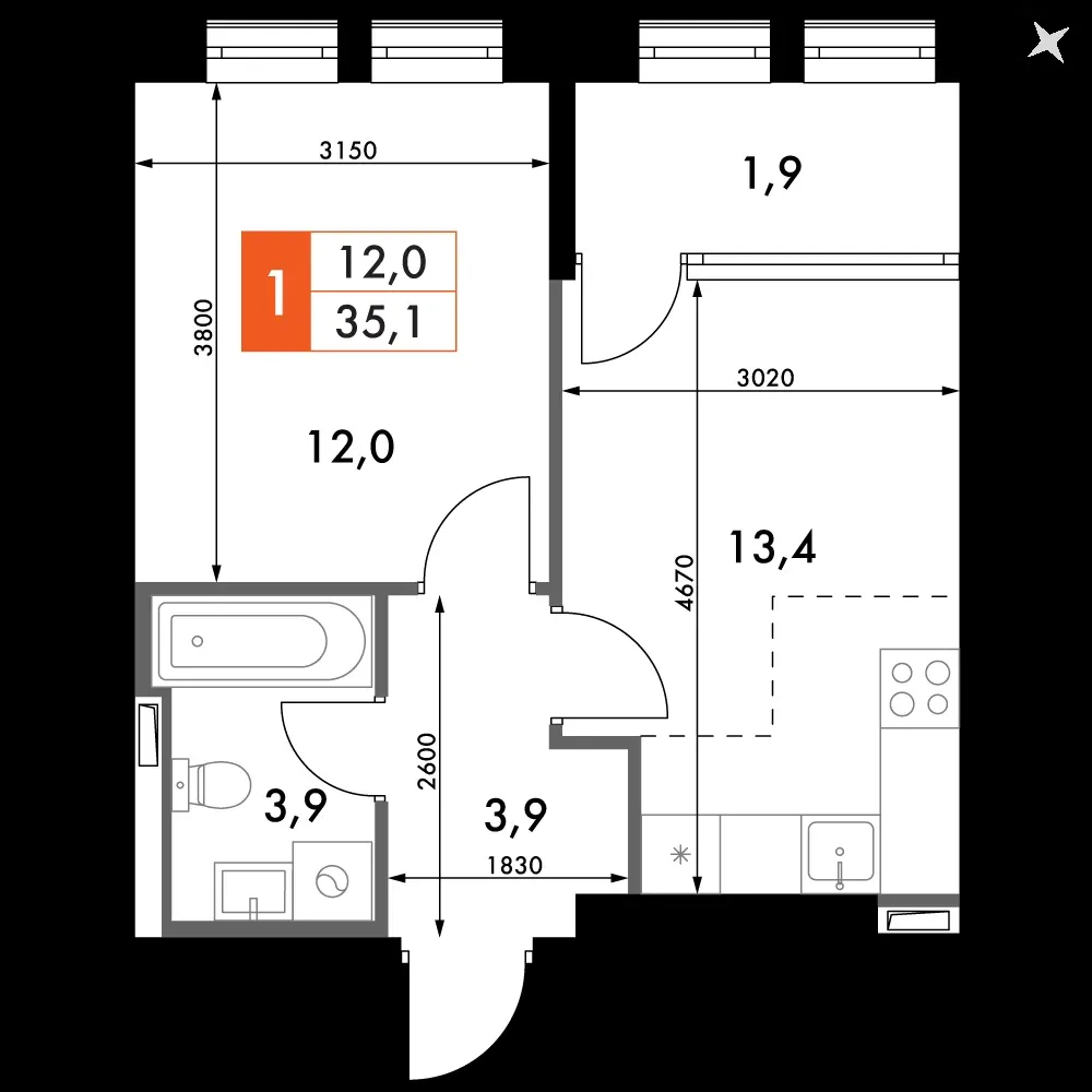 1-комнатная, 35,1 м² — 12 127 150 ₽