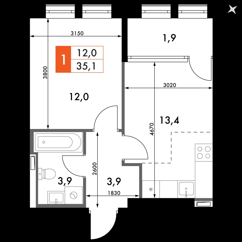 1-комнатная, 35,1 м² — 12 154 177 ₽
