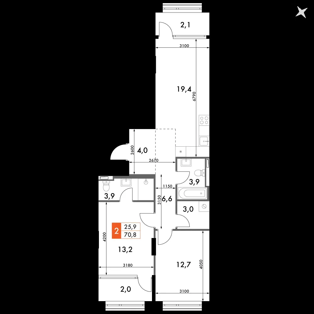 2-комнатная, 70,8 м² — 18 800 968 ₽