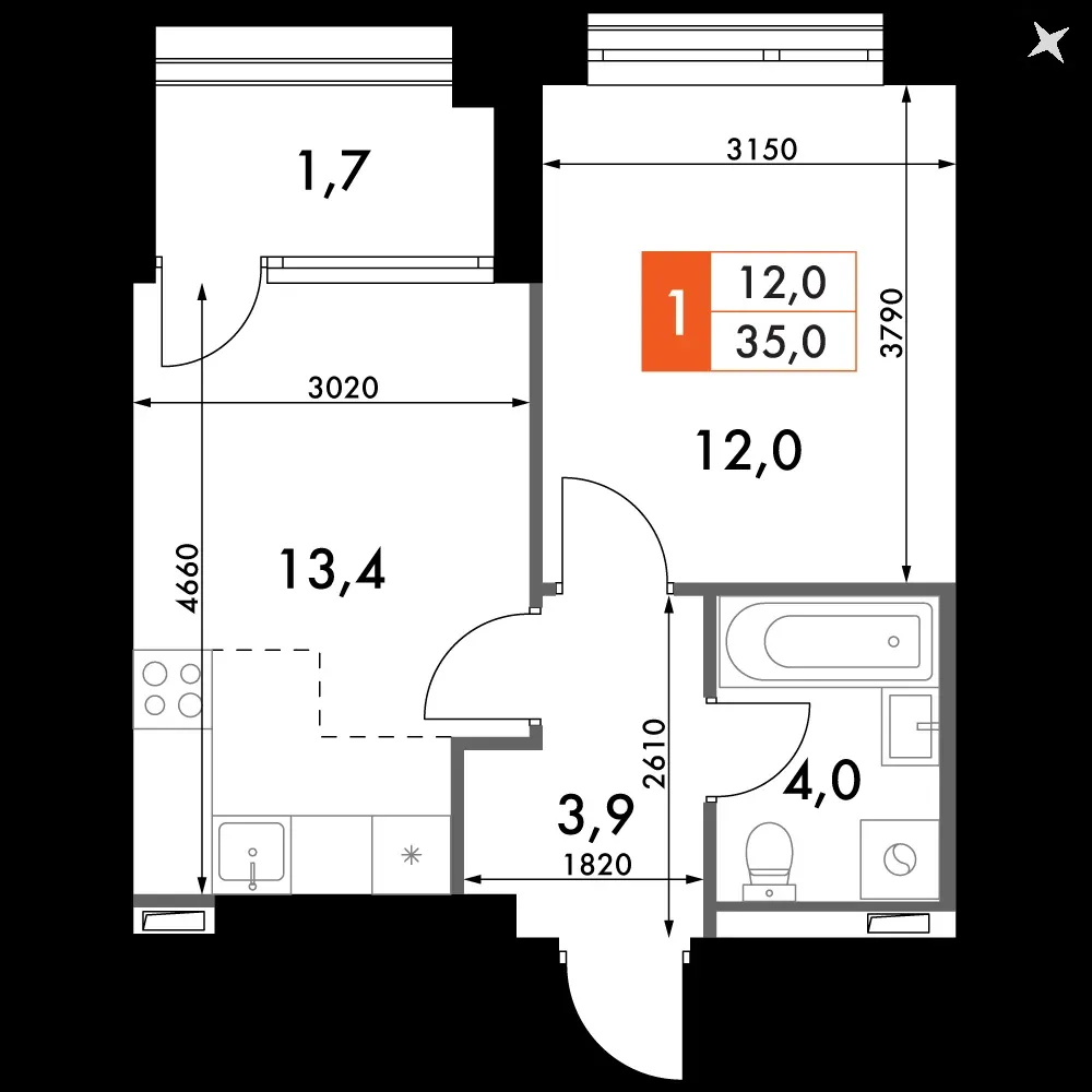 1-комнатная, 35 м² — 11 930 900 ₽
