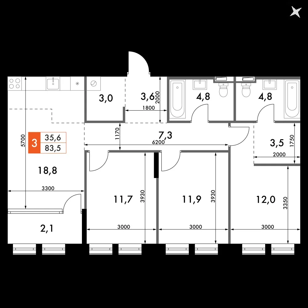3-комнатная, 83,5 м² — 20 960 050 ₽