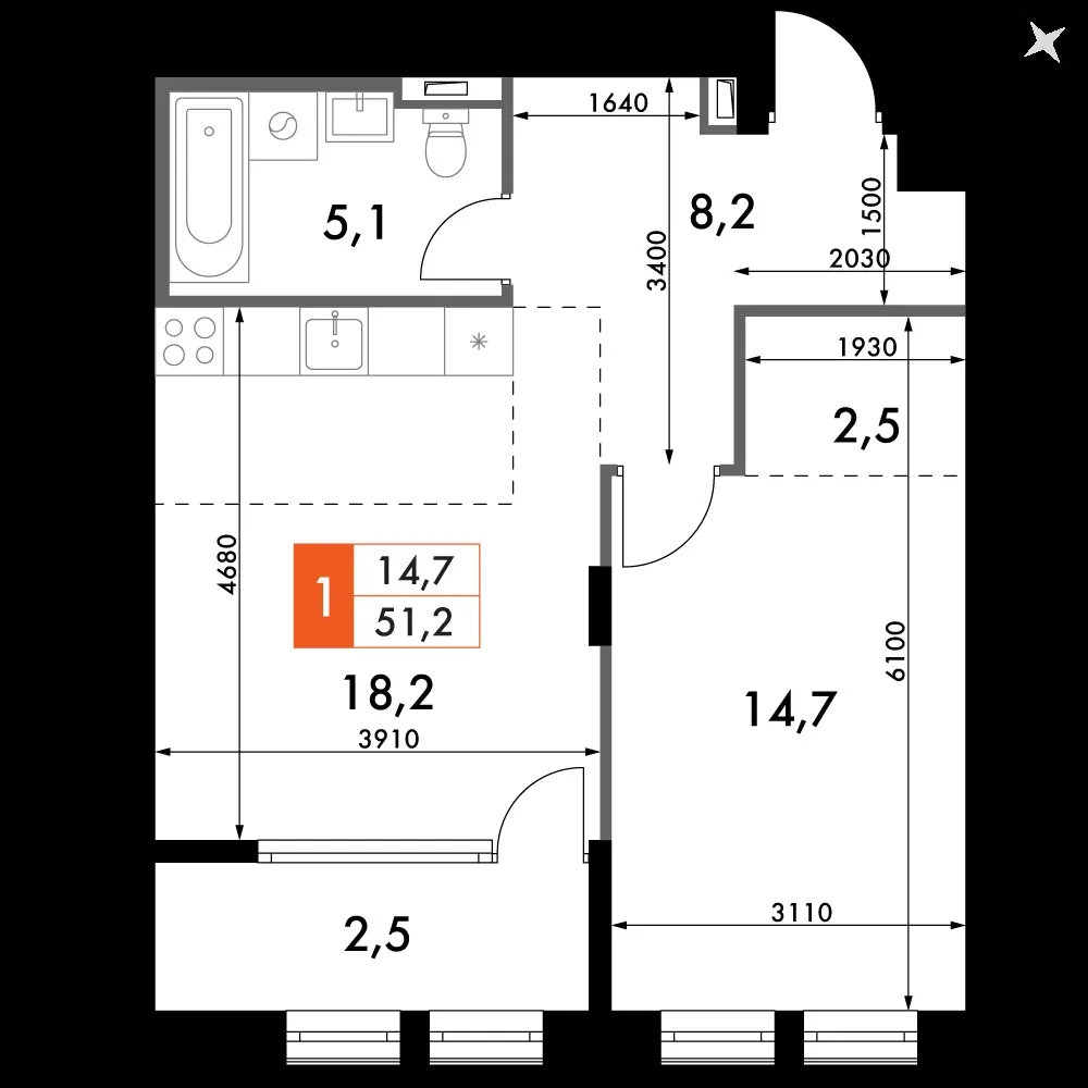 1-комнатная, 51,2 м² — 14 064 781 ₽