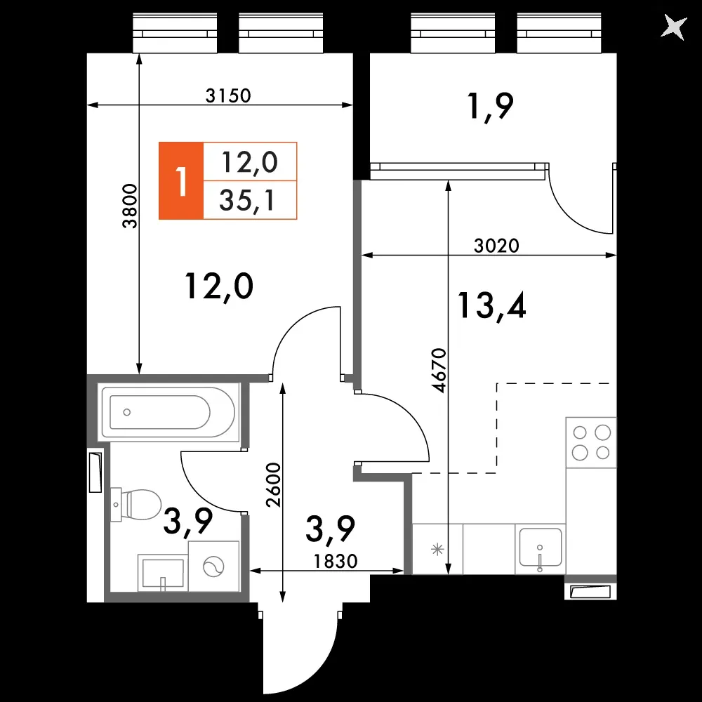 1-комнатная, 35,1 м² — 11 910 934 ₽