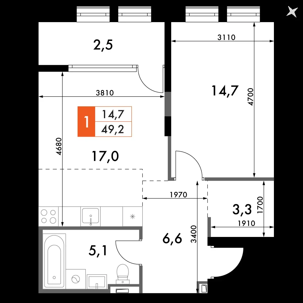 1-комнатная, 49,2 м² — 12 940 954 ₽
