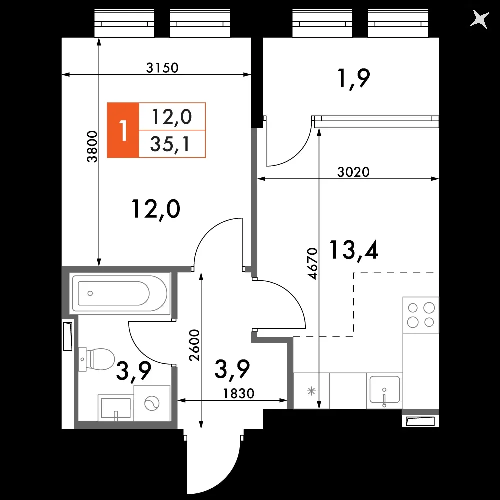 1-комнатная, 35,1 м² — 11 964 988 ₽