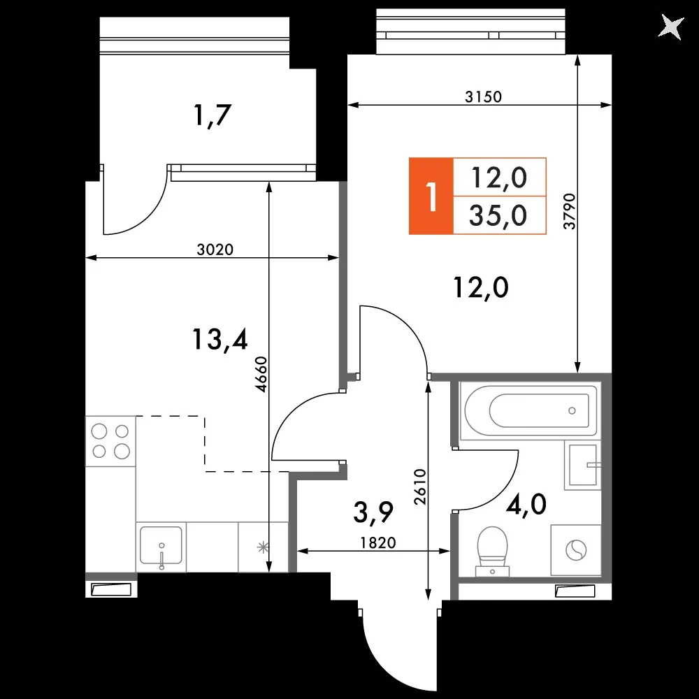 1-комнатная, 35 м² — 11 957 850 ₽