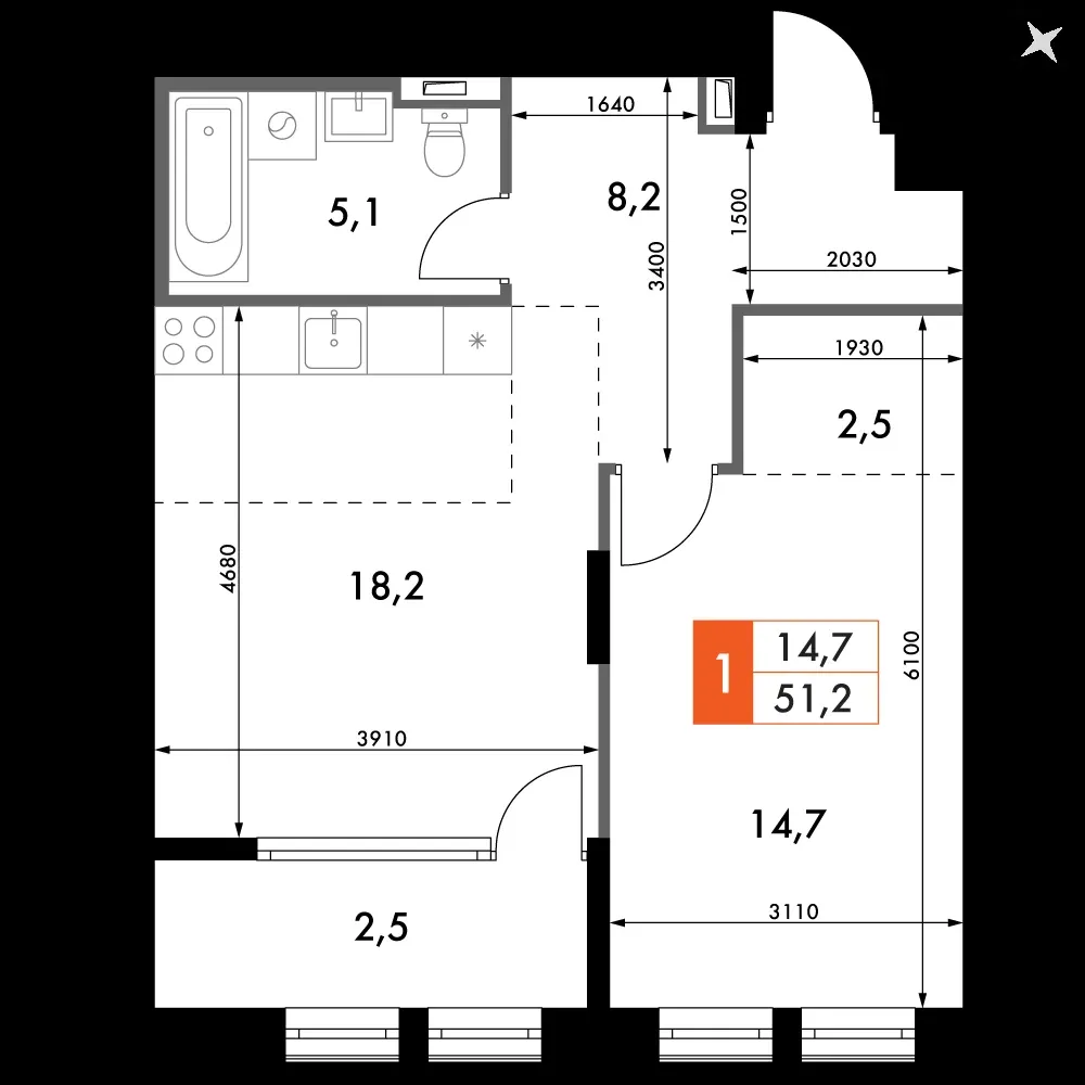 1-комнатная, 51,2 м² — 14 081 583 ₽