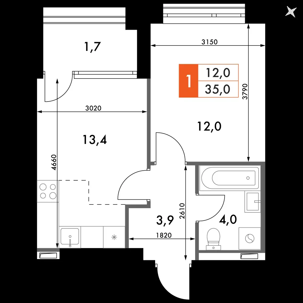 1-комнатная, 35 м² — 12 038 700 ₽
