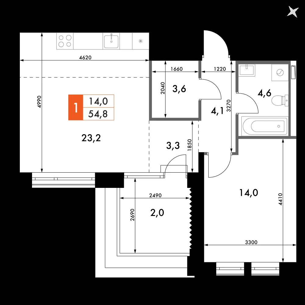 2-комнатная, 54,8 м² — 18 485 241 ₽