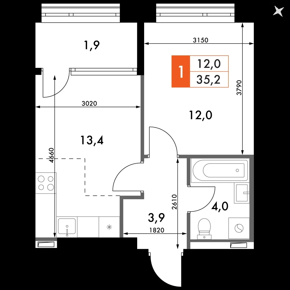 1-комнатная, 35,2 м² — 12 202 356 ₽