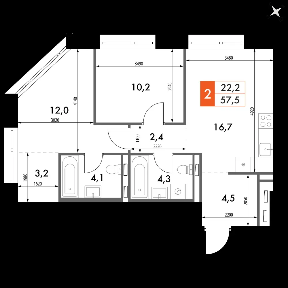 2-комнатная, 57,5 м² — 14 875 143 ₽