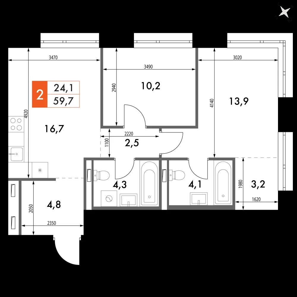 2-комнатная, 59,7 м² — 14 812 766 ₽