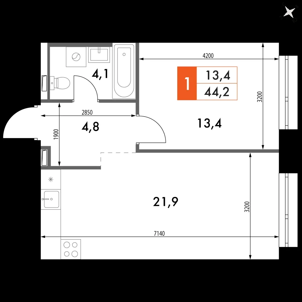 1-комнатная, 44,2 м² — 11 859 080 ₽