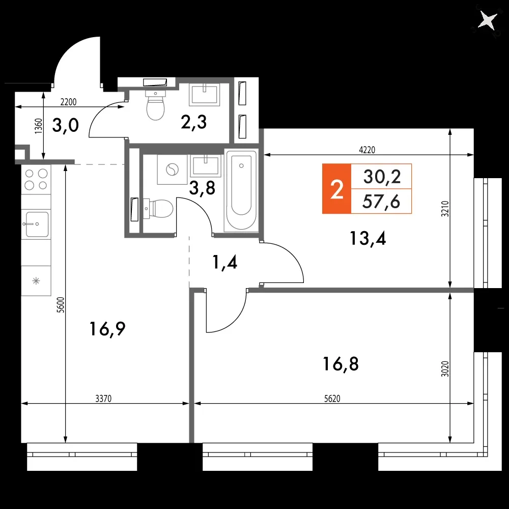 2-комнатная, 57,6 м² — 14 901 013 ₽