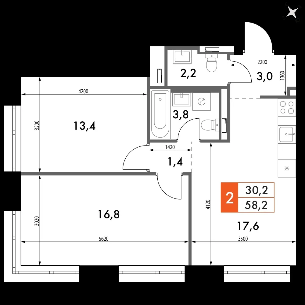 2-комнатная, 58,2 м² — 15 056 232 ₽
