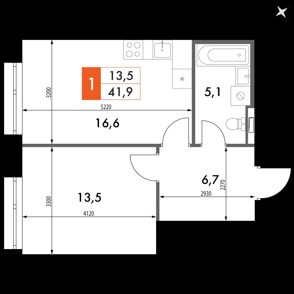1-комнатная, 41,9 м² — 11 680 317 ₽