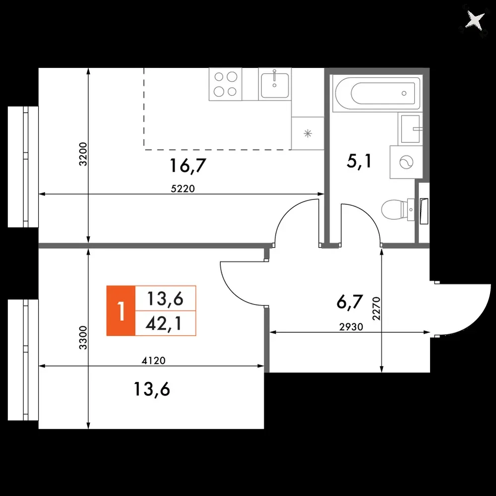 1-комнатная, 42,1 м² — 11 625 352 ₽