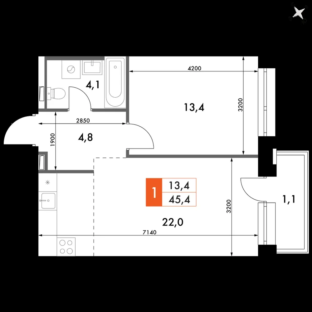 2-комнатная, 45,4 м² — 12 495 667 ₽