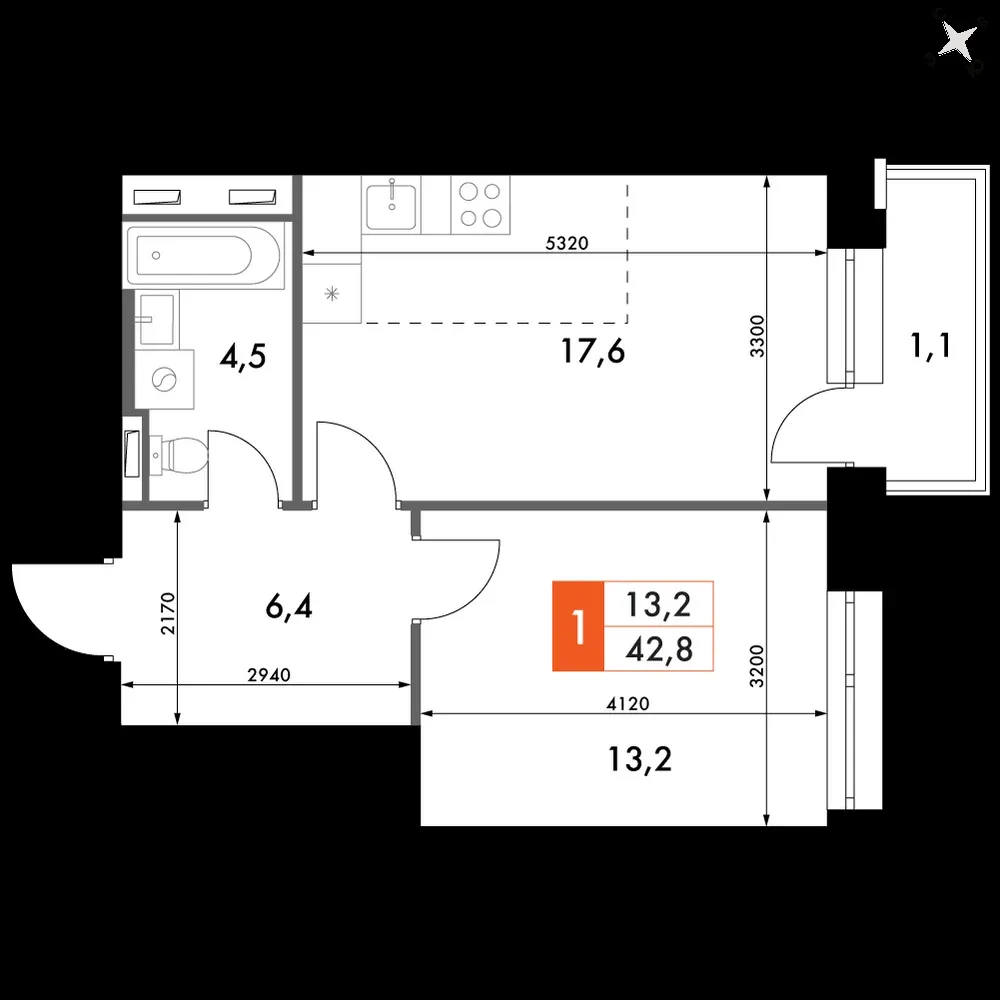 1-комнатная, 42,8 м² — 12 914 867 ₽