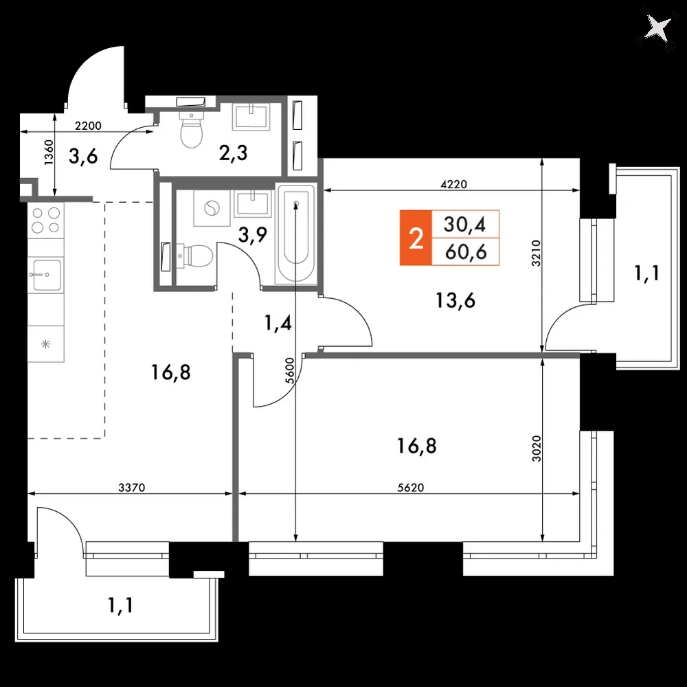 2-комнатная, 60,6 м² — 16 726 741 ₽