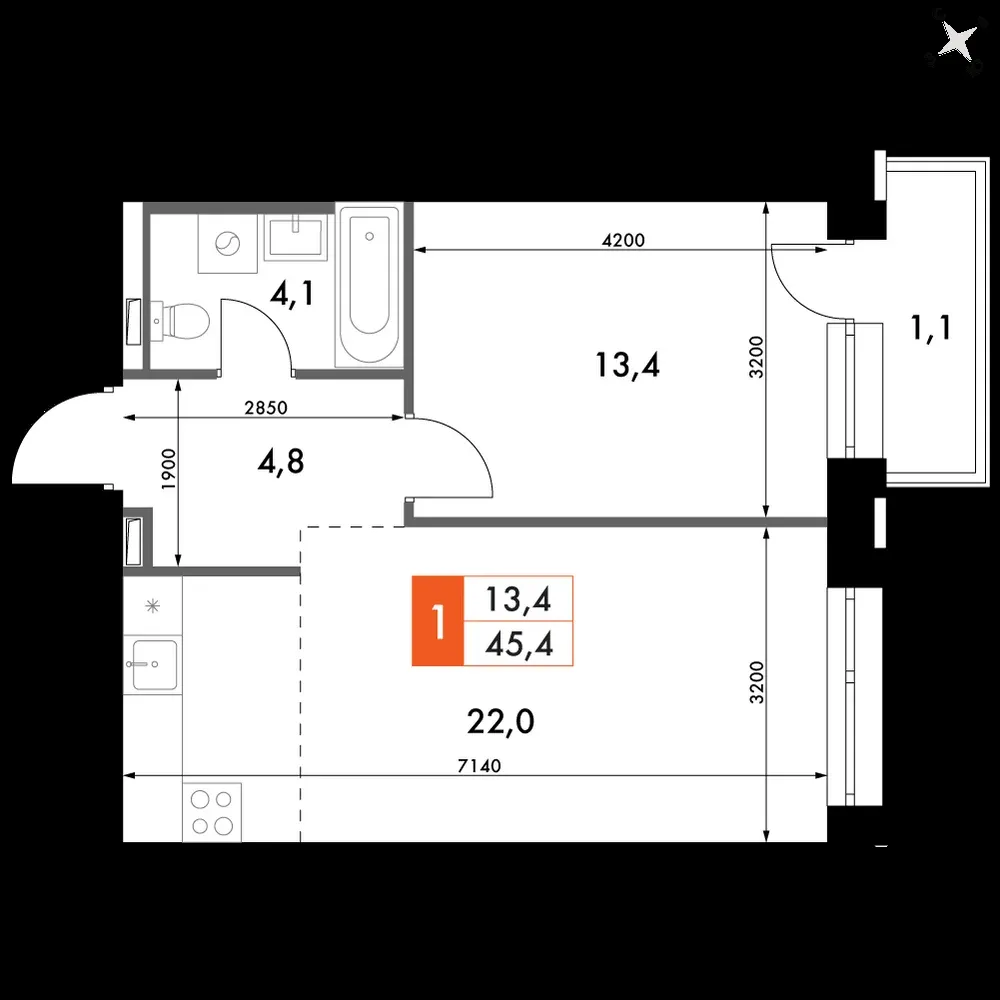 2-комнатная, 45,4 м² — 12 635 499 ₽