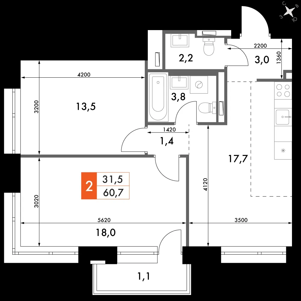 2-комнатная, 60,7 м² — 15 704 984 ₽