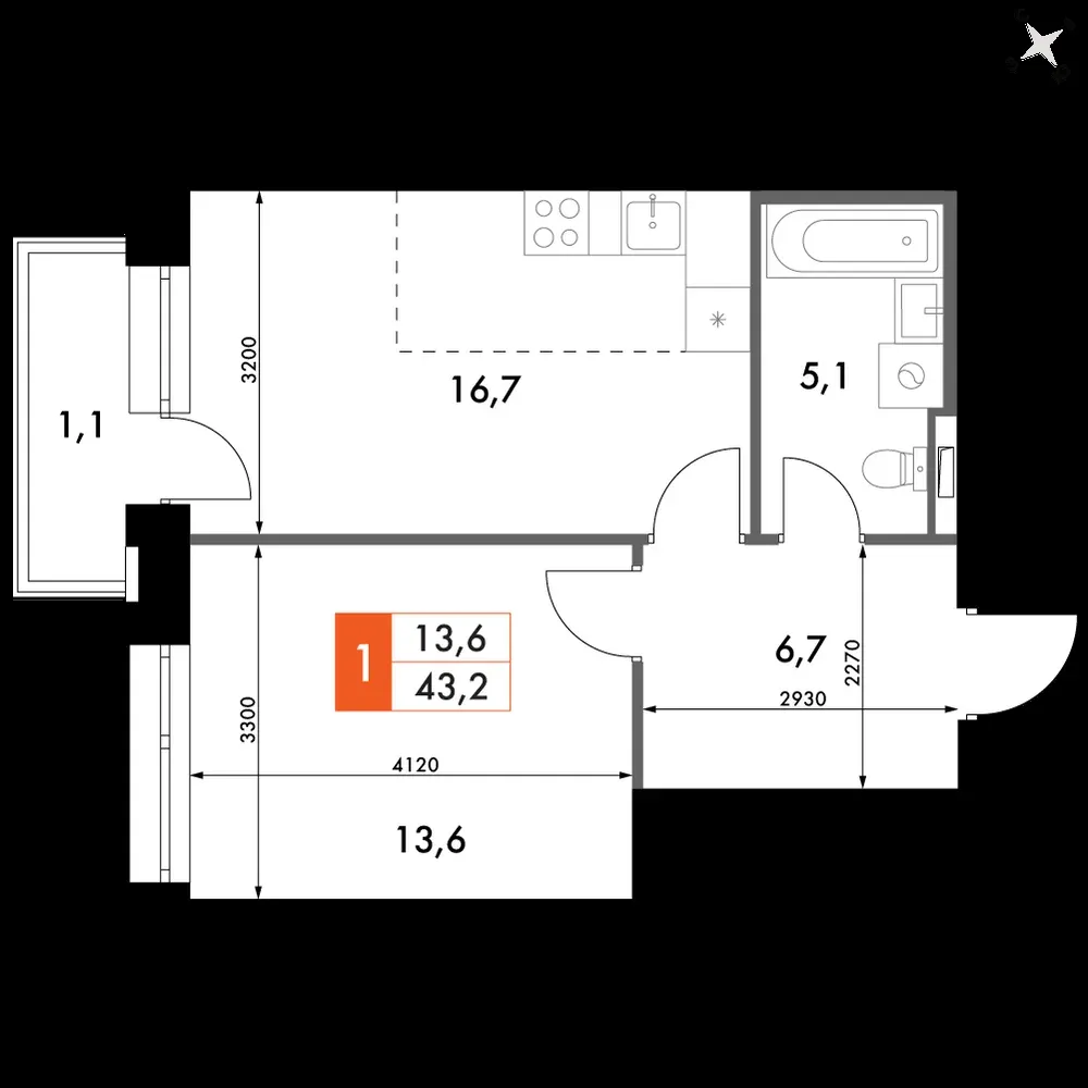 1-комнатная, 43,2 м² — 12 394 799 ₽