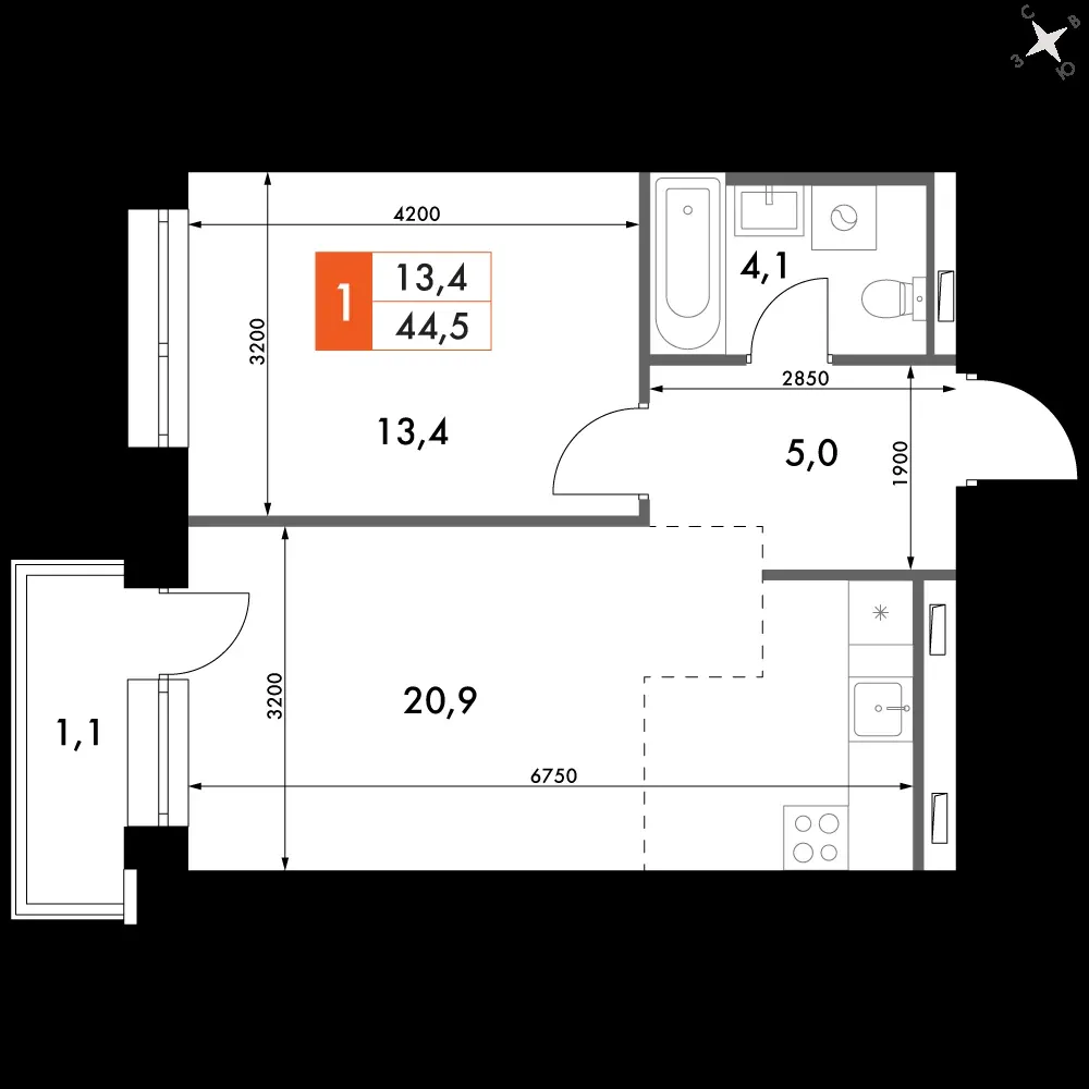 2-комнатная, 44,5 м² — 12 788 109 ₽
