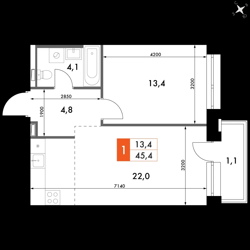 2-комнатная, 45,4 м² — 12 845 247 ₽