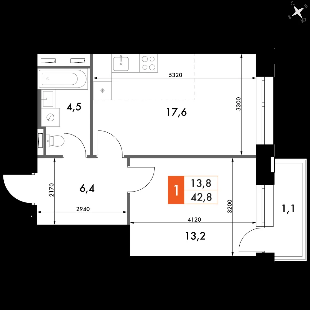 1-комнатная, 42,8 м² — 13 215 323 ₽